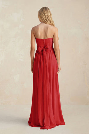 Strapless A - Line Pleated Chiffon Bridesmaid Dress With Slit in Ruby Red - KissProm Bridesmaid Dresses