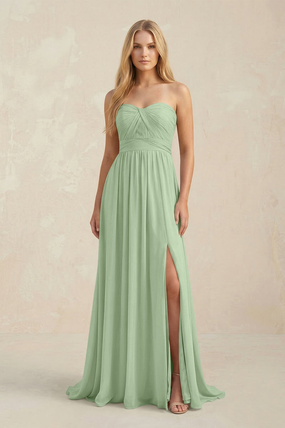 Strapless A - Line Pleated Chiffon Bridesmaid Dress With Slit in Sage - KissProm Bridesmaid Dresses