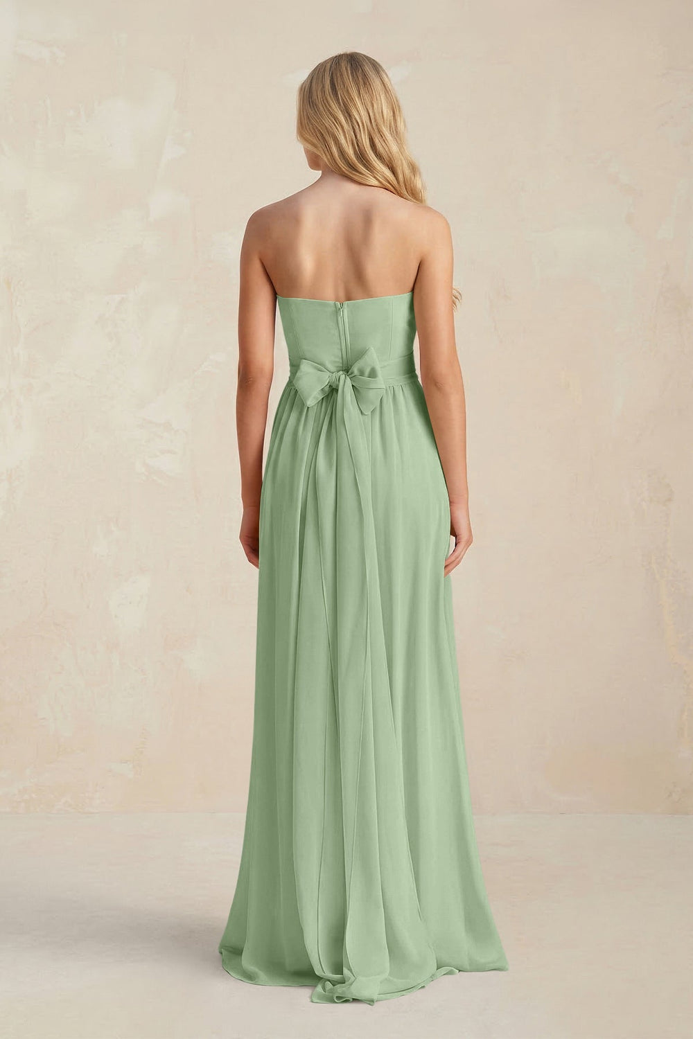 Strapless A - Line Pleated Chiffon Bridesmaid Dress With Slit in Sage - KissProm Bridesmaid Dresses