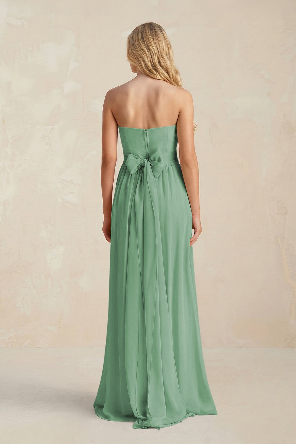 Strapless A - Line Pleated Chiffon Bridesmaid Dress With Slit in Sea Glass - KissProm Bridesmaid Dresses