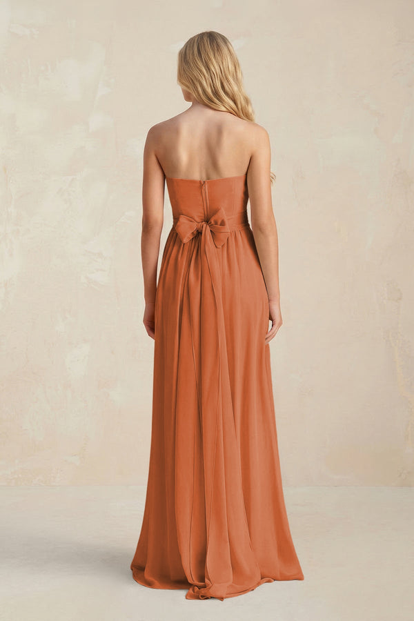 Strapless A - Line Pleated Chiffon Bridesmaid Dress With Slit in Terracotta - KissProm Bridesmaid Dresses