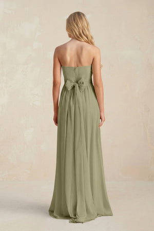 Strapless A - Line Pleated Chiffon Bridesmaid Dress With Slit in Thyme - KissProm Bridesmaid Dresses