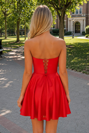 A-Line Strapless Satin Homecoming Dress with Pockets - Kissprom