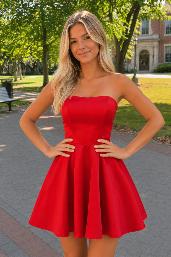 A-Line Strapless Satin Homecoming Dress with Pockets - Kissprom