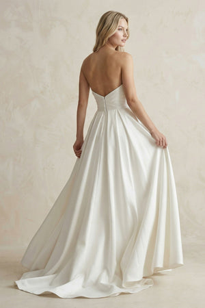 Strapless A - Line Ruched Satin Wedding Dress in White - KissProm Wedding Dresses