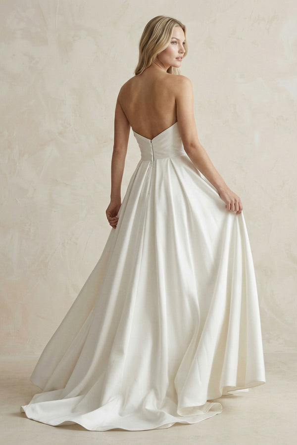 Strapless A - Line Ruched Satin Wedding Dress in White - KissProm Wedding Dresses