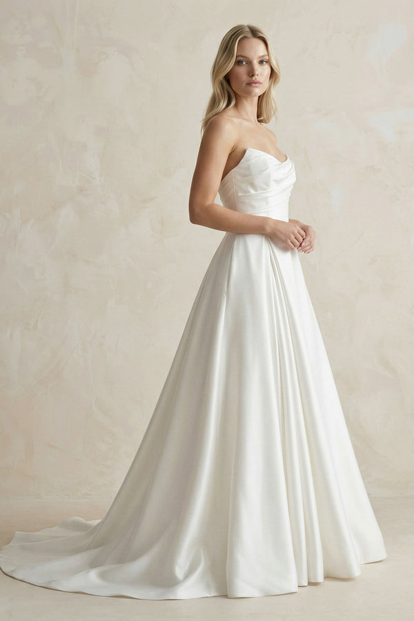 Strapless A - Line Ruched Satin Wedding Dress in White - KissProm Wedding Dresses