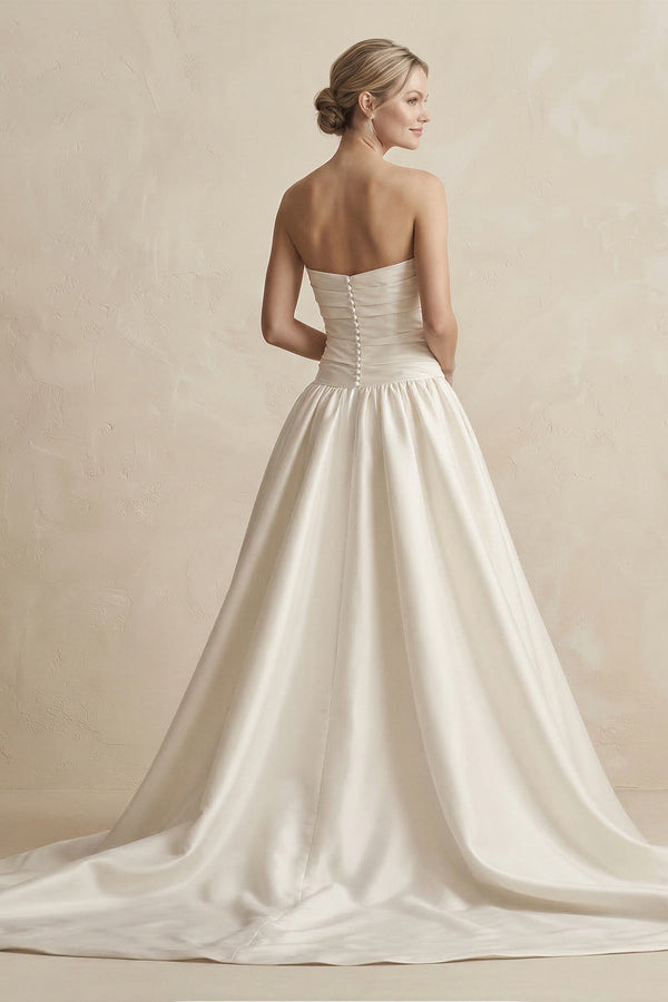 Strapless A - Line Satin Ball Gown Wedding Dress with Slit in Ivory - KissProm Wedding Dresses