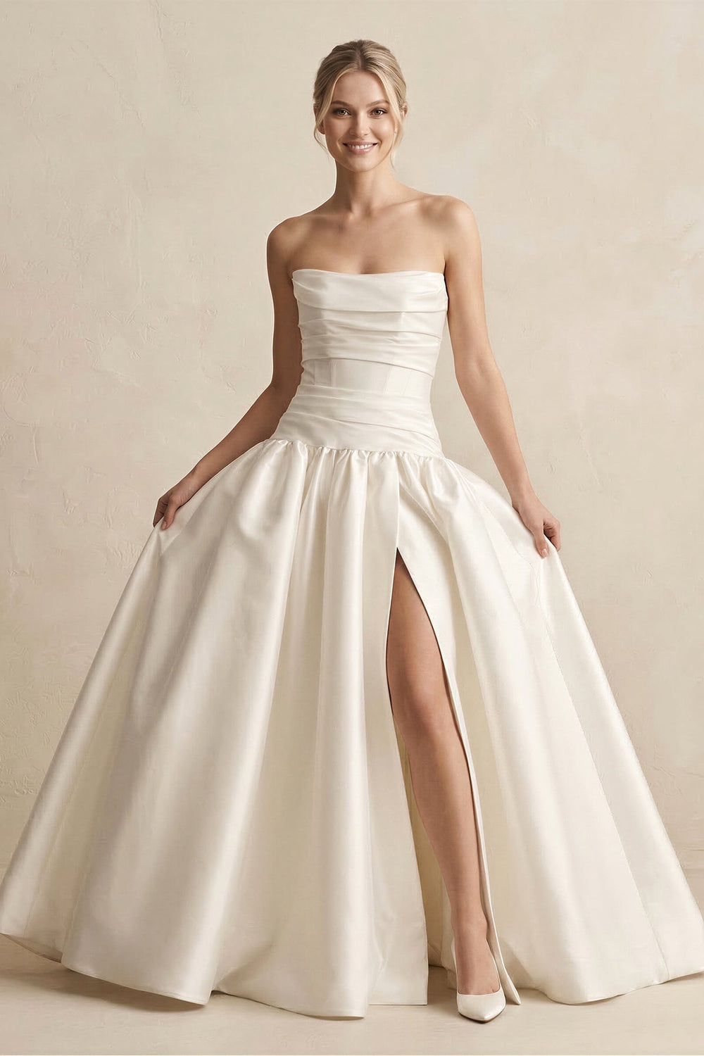 Strapless A - Line Satin Ball Gown Wedding Dress with Slit in Ivory - KissProm Wedding Dresses