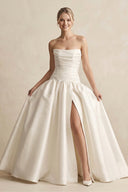 Strapless A - Line Satin Ball Gown Wedding Dress with Slit in Ivory - KissProm Wedding Dresses