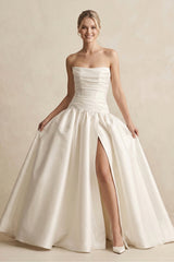 Strapless A - Line Satin Ball Gown Wedding Dress with Slit in Ivory - KissProm Wedding Dresses