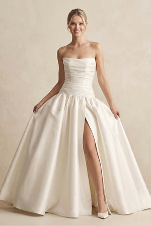 Strapless A - Line Satin Ball Gown Wedding Dress with Slit in Ivory - KissProm Wedding Dresses