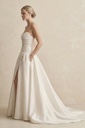 Strapless A - Line Satin Ball Gown Wedding Dress with Slit in Ivory - KissProm Wedding Dresses