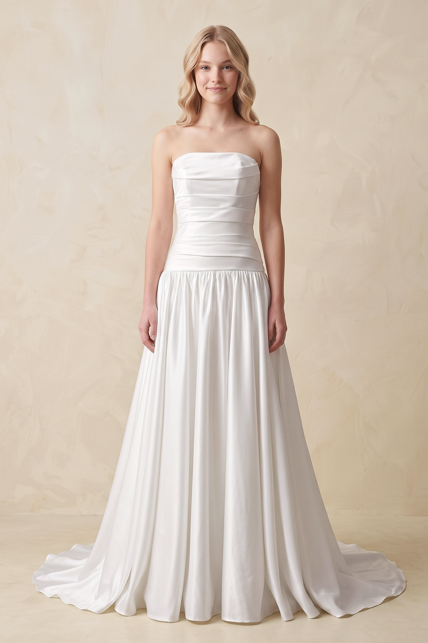 Strapless A - Line Satin Wedding Dress with Slit in Ivory - KissProm Wedding Dresses