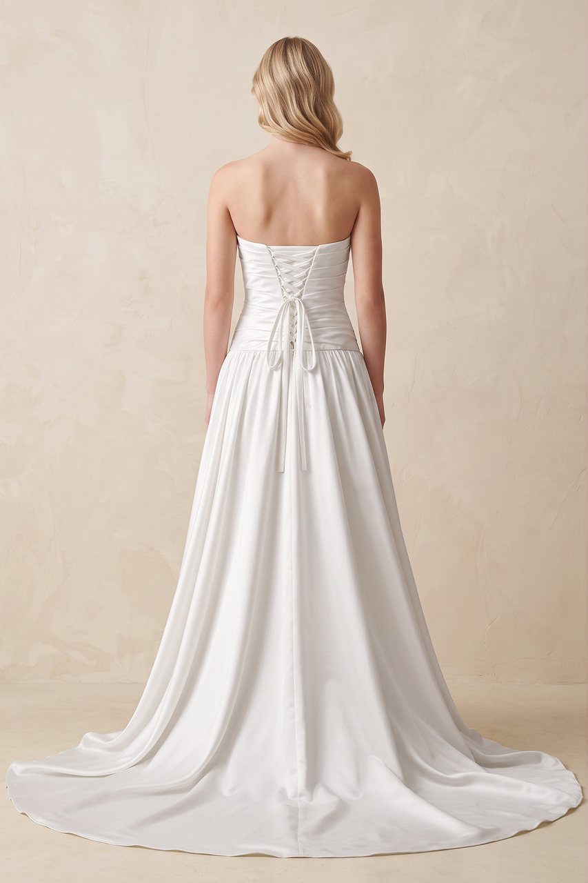 Strapless A - Line Satin Wedding Dress with Slit in Ivory - KissProm Wedding Dresses