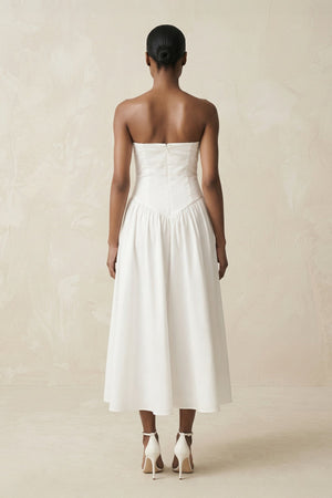 Strapless A - Line Satin Midi Wedding Dress in White - KissProm Wedding Dresses