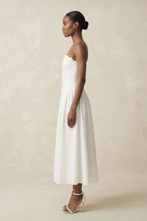 Strapless A - Line Satin Midi Wedding Dress in White - KissProm Wedding Dresses