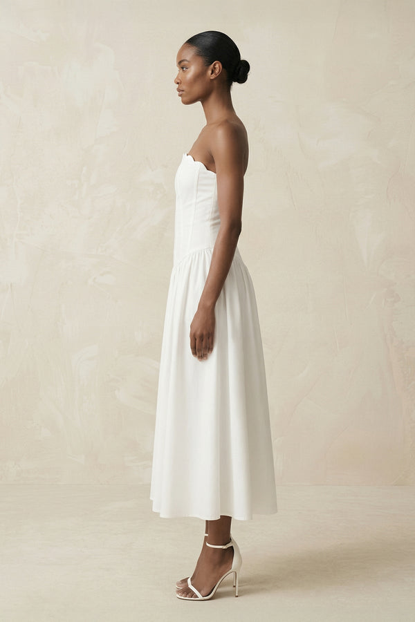 Strapless A - Line Satin Midi Wedding Dress in White - KissProm Wedding Dresses