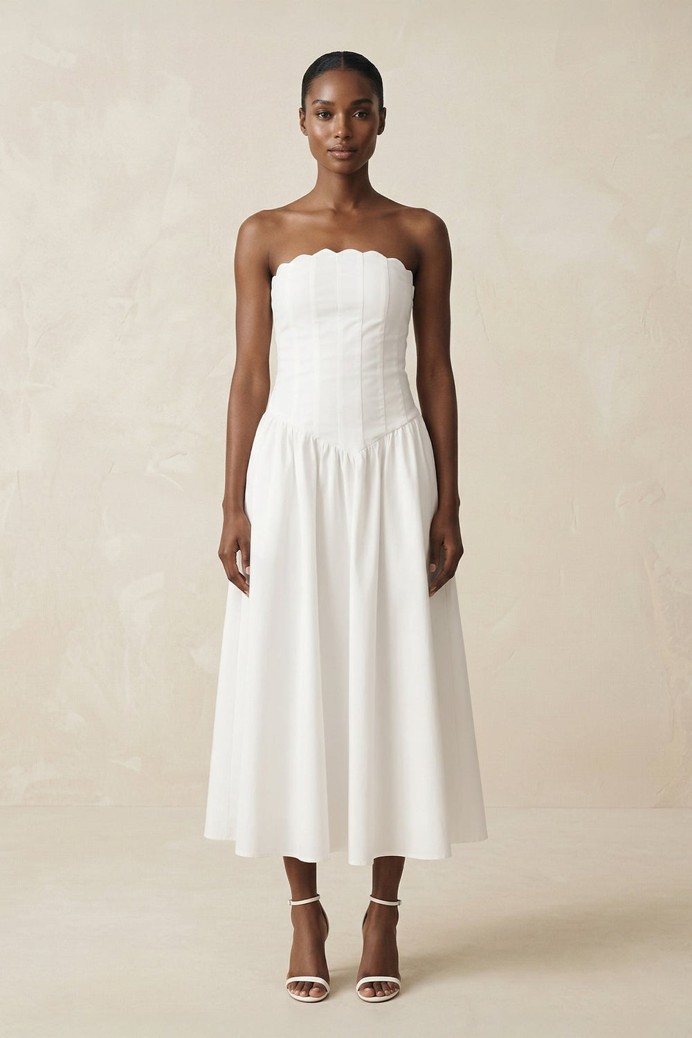 KissProm Strapless A-Line Satin Midi Wedding Dress in White, White / 26