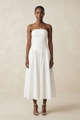 Strapless A - Line Satin Midi Wedding Dress in White - KissProm Wedding Dresses