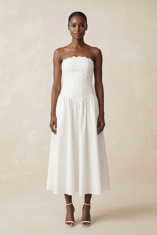 Strapless A - Line Satin Midi Wedding Dress in White - KissProm Wedding Dresses