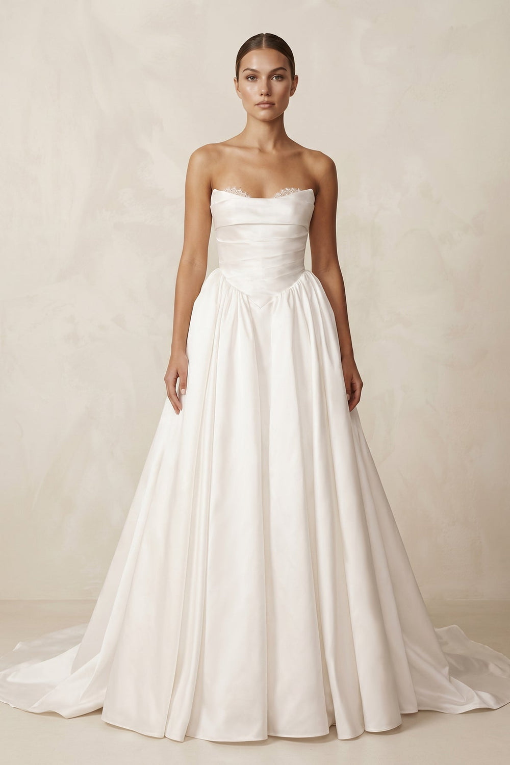 Strapless A - Line Satin Ruched Wedding Dress in Ivory - KissProm Wedding Dresses
