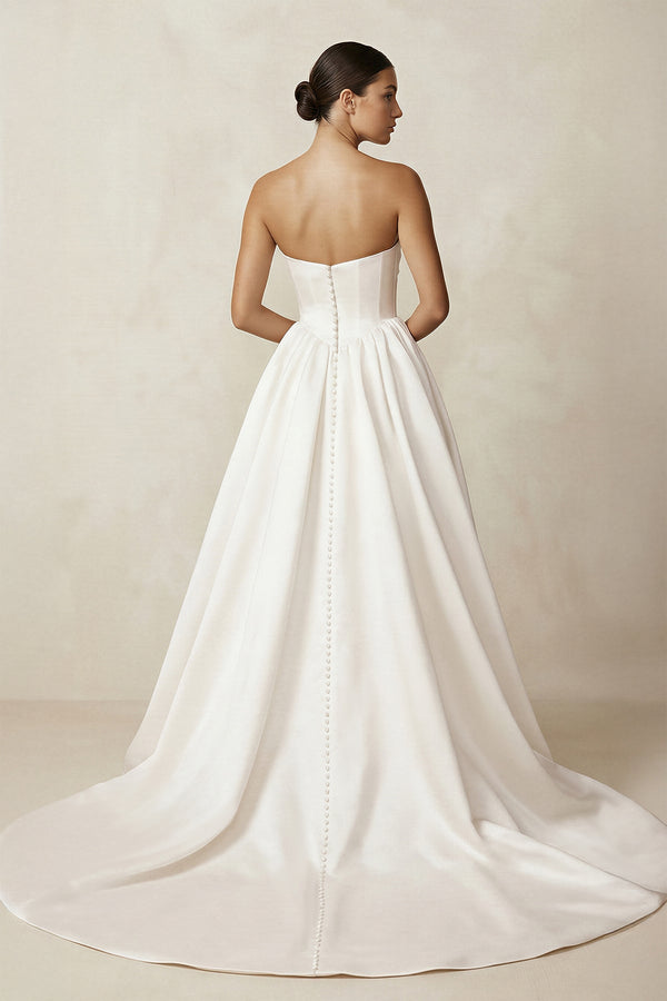 Strapless A - Line Satin Ruched Wedding Dress in Ivory - KissProm Wedding Dresses