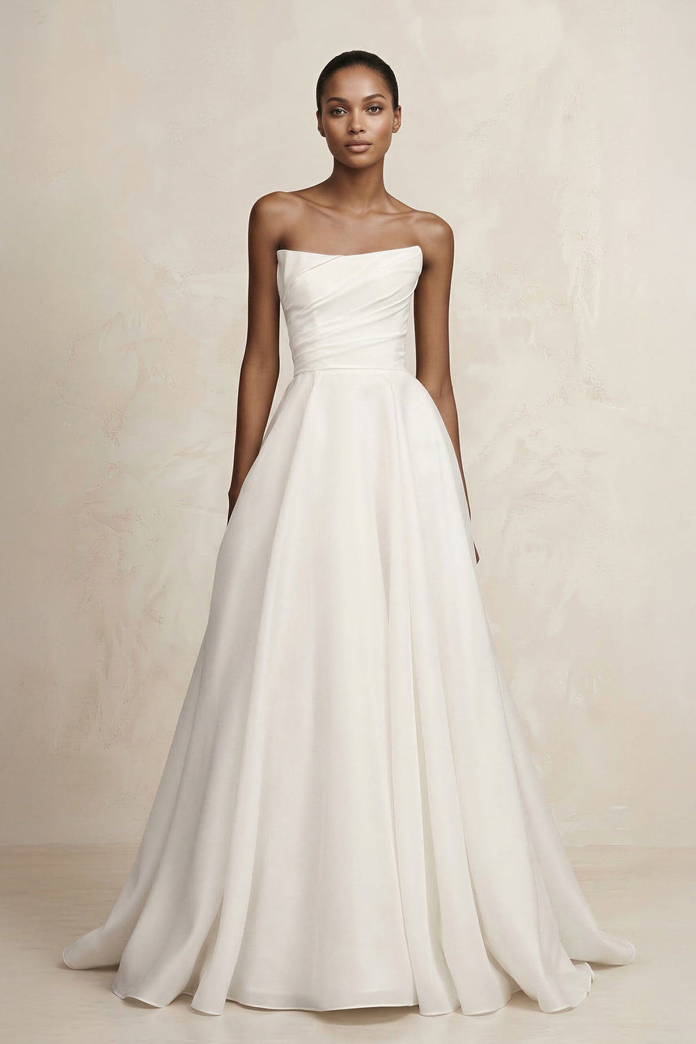 Strapless A - Line Satin Ruched Wedding Dress in Ivory - KissProm Wedding Dresses