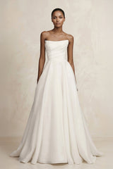 Strapless A - Line Satin Ruched Wedding Dress in Ivory - KissProm Wedding Dresses