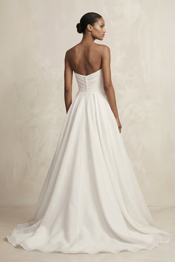 Strapless A - Line Satin Ruched Wedding Dress in Ivory - KissProm Wedding Dresses