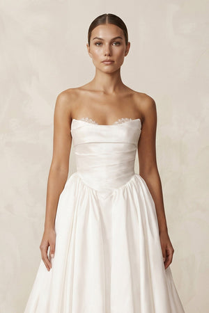Strapless A - Line Satin Ruched Wedding Dress in Ivory - KissProm Wedding Dresses
