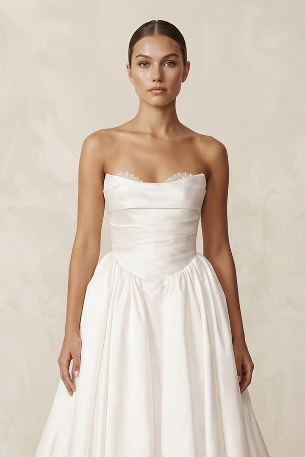 Strapless A - Line Satin Ruched Wedding Dress in Ivory - KissProm Wedding Dresses