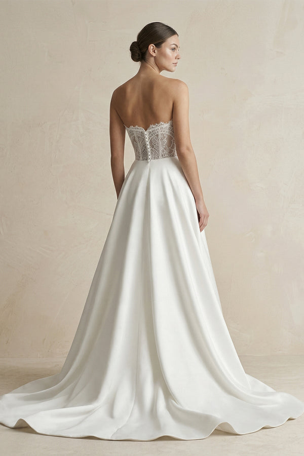 Strapless A - Line Satin Ruched Wedding Dress in White - KissProm Wedding Dresses