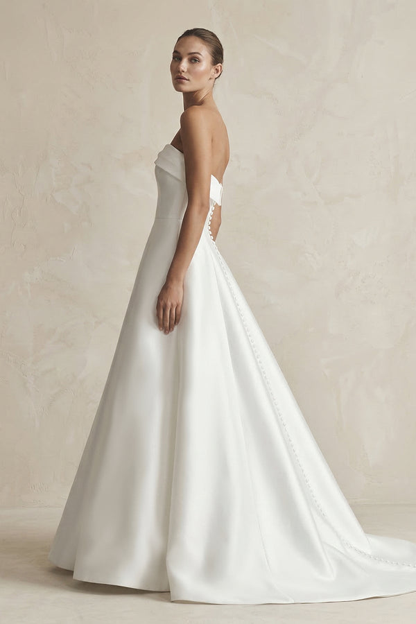 Strapless A - Line Satin Ruched Wedding Dress in White - KissProm Wedding Dresses