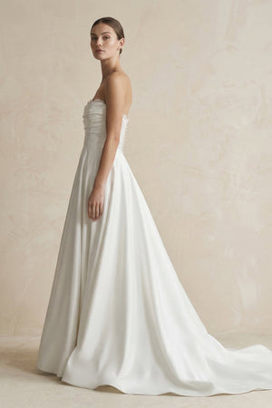 Strapless A - Line Satin Ruched Wedding Dress in White - KissProm Wedding Dresses