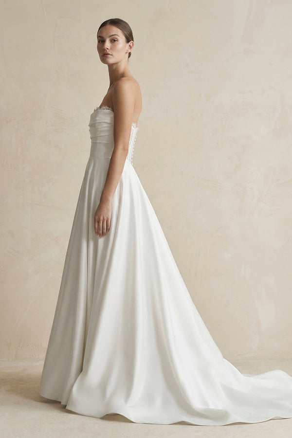 Strapless A - Line Satin Ruched Wedding Dress in White - KissProm Wedding Dresses