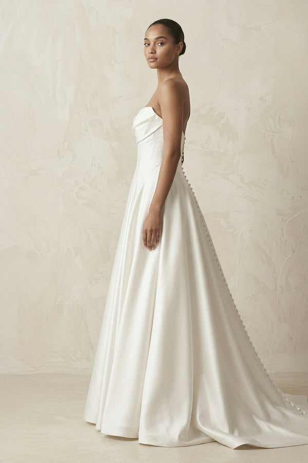 Strapless A - Line Satin Ruched Wedding Dress in White - KissProm Wedding Dresses