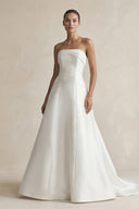 Strapless A - Line Satin Ruched Wedding Dress in White - KissProm Wedding Dresses