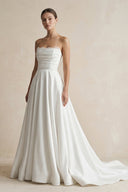 Strapless A - Line Satin Ruched Wedding Dress in White - KissProm Wedding Dresses