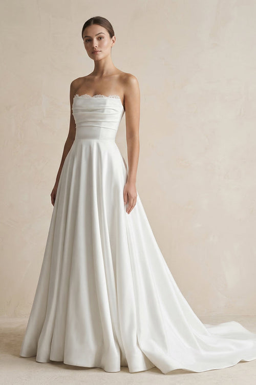 Strapless A - Line Satin Ruched Wedding Dress in White - KissProm Wedding Dresses