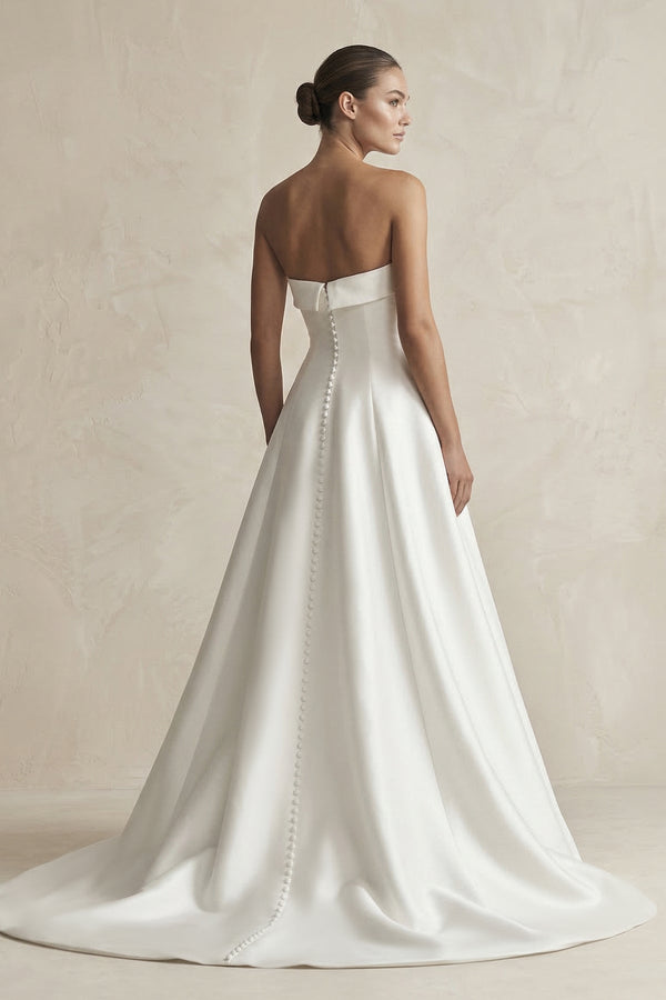 Strapless A - Line Satin Ruched Wedding Dress in White - KissProm Wedding Dresses