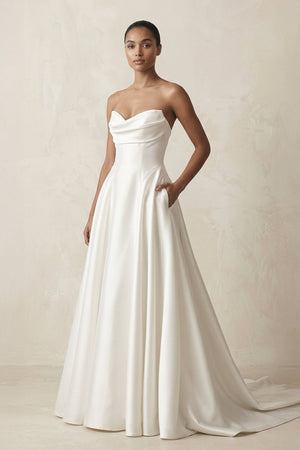 Strapless A - Line Satin Ruched Wedding Dress in White - KissProm Wedding Dresses