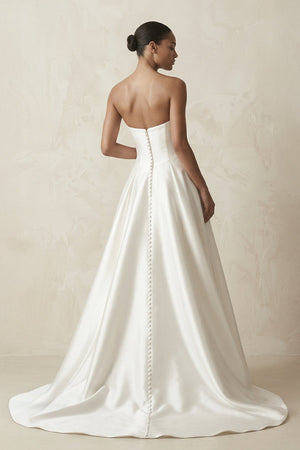 Strapless A - Line Satin Ruched Wedding Dress in White - KissProm Wedding Dresses