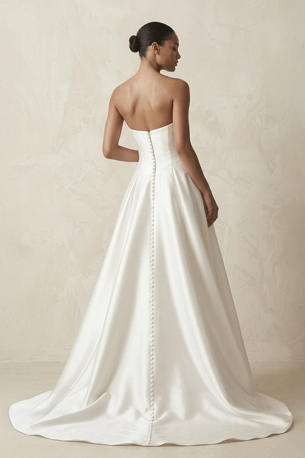 Strapless A - Line Satin Ruched Wedding Dress in White - KissProm Wedding Dresses