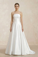 Strapless A - Line Satin Ruched Wedding Dress With Lace Appliques in White - KissProm Wedding Dresses