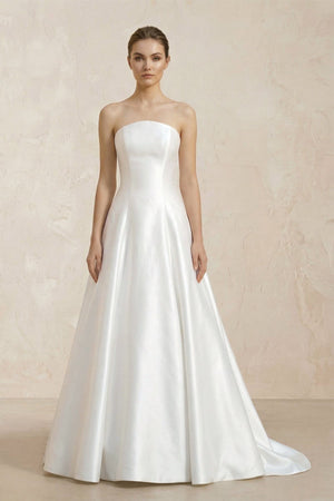 Strapless A - Line Satin Ruched Wedding Dress With Lace Appliques in White - KissProm Wedding Dresses
