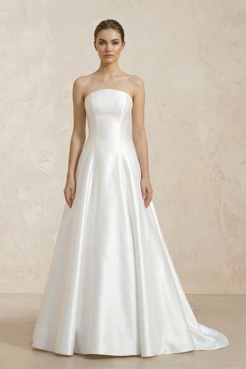Strapless A - Line Satin Ruched Wedding Dress With Lace Appliques in White - KissProm Wedding Dresses