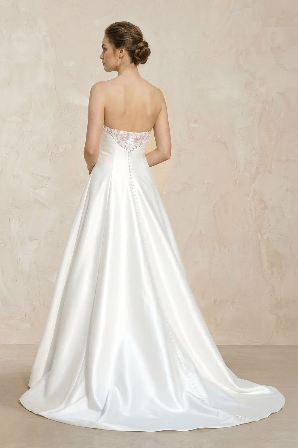 Strapless A - Line Satin Ruched Wedding Dress With Lace Appliques in White - KissProm Wedding Dresses