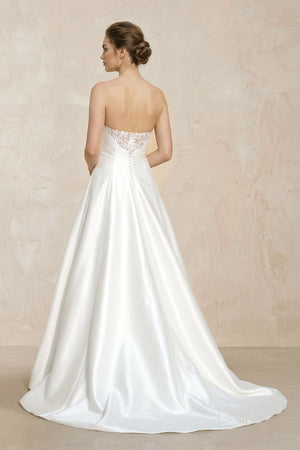 Strapless A - Line Satin Ruched Wedding Dress With Lace Appliques in White - KissProm Wedding Dresses