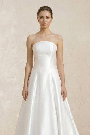 Strapless A - Line Satin Ruched Wedding Dress With Lace Appliques in White - KissProm Wedding Dresses
